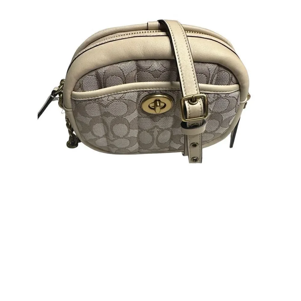 Coach Signature Chain Leather Jacquard Quilt Print Crossbody Bag Stone Ivory